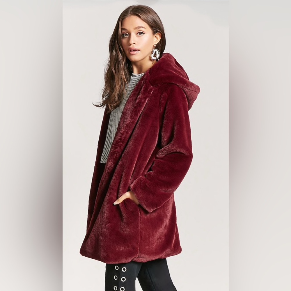 Faux Fur Hooded Burgundy Coat